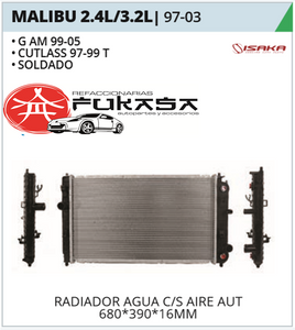 RADIADOR AGUA C/S AIRE AUT 680*390*16MM (G AM 99-05/CUTLASS 97-99) T/SOLDADO MALIBU 2.4L/3.2L 1997 2003 *IMP