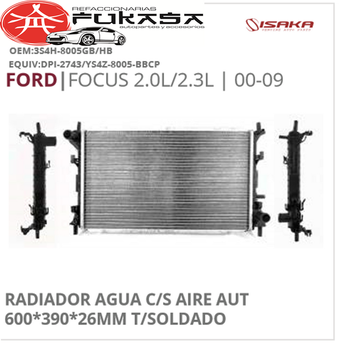 RADIADOR FORD FOCUS 2.0L/2.3L 00-09 C/S AIRE AUT 600*390*26MM T/SOLDADO *IMP