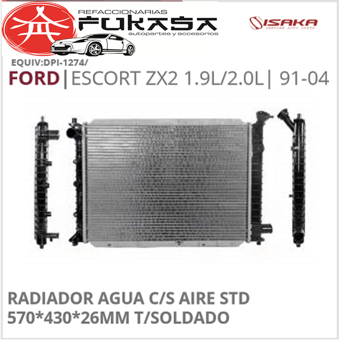 RADIADOR AGUA C/S AIRE STD 570*430*26MM T/SOLDADO (ISAKA) ESCORT ZX2 1.9L/2.0L 1991 2004 *IMP