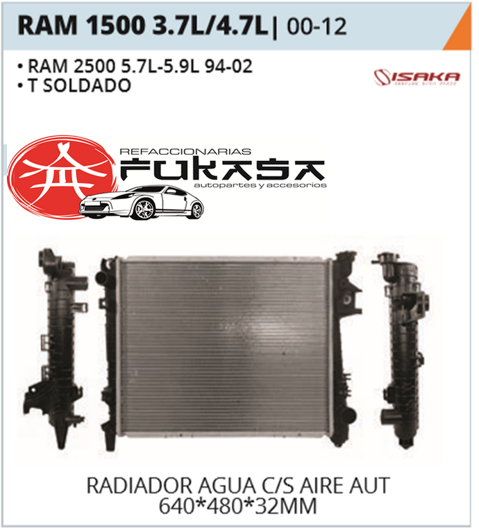 RADIADOR CHRYSLER / DODGE RAM 1500 3.7L/4.7L 02-13 C/S AIRE AUT 640*480*32MM (RAM 2500 5.7L-5.9L 94-02) T/SOLDADO *IMP