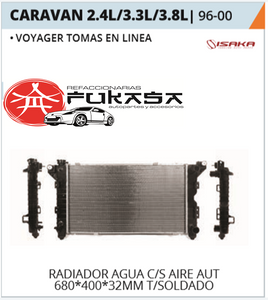 RADIADOR AGUA C/S AIRE AUT 680*400*32MM (VOYAGER) TOMAS EN LINEA T/SOLDADO CHRYSLER / DODGECARAVAN 2.4L/3.3L/3.8L1996-2000 *IMP