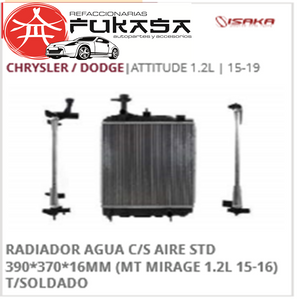 RADIADOR AGUA C/S AIRE STD 390*370*16MM (MT G4 19-21/MIRAGE 15-16) T/SOLDADO CHRYSLER / DODGEATTITUDE 1.2L 2015-2020 *IMP