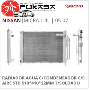 RADIADOR AGUA C/CONDENSADOR C/S AIRE STD 510*410*32MM T/SOLDADO  MICRA 1.4L  2005-2007 *IMP