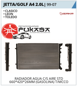 RADIADOR VW JETTA A4/CLASICO 2.0L 99-15  C/S AIRE STD 660*420*26MM (GASOLINA) (GOLF A4/LEON/TOLEDO) T/MEC *IMP