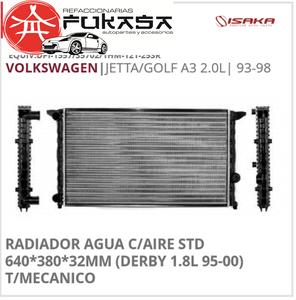 RADIADOR AGUA C/AIRE STD 640*380*32MM (DERBY 1.8L 95-00) T/MECANICO  VW  JETTA/GOLF A3 2.0L  1993-1998   *IMP