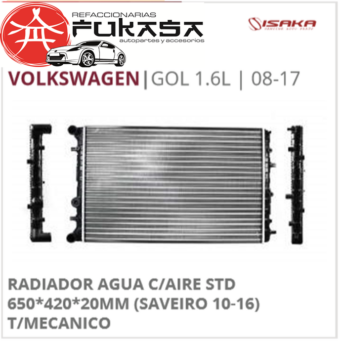 RADIADOR AGUA C/AIRE STD 650*420*20MM (SAVEIRO 10-16) T/MECANICO (ISAKA) GOL 1.6L 2008 2017 *IMP