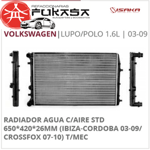 RADIADOR AGUA C/AIRE STD 650*420*26MM (IBIZA-CORDOBA 03-09/CROSSFOX 07-09) T/MEC  VW  LUPO/POLO 1.6L  2003-2009   *IMP