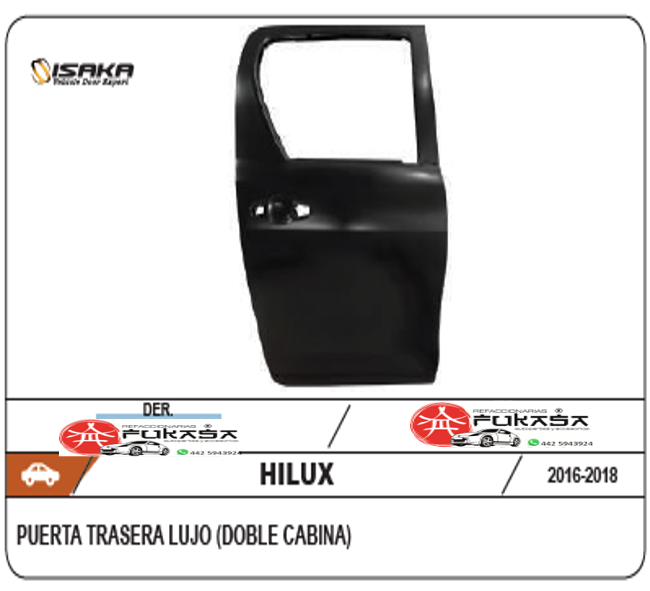 PUERTA TRAS DER TOYTA HILUX 16-19 LUJO  (DOBLE CABINA) (COLOR/GRIS) *IMP