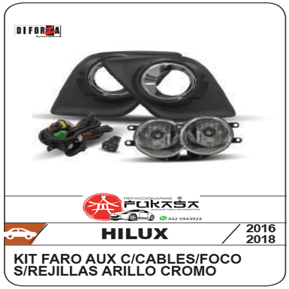 KIT FARO AUX TOYOTA HILUX 16-19 C/CABLES C/REJILLAS ARILLO CROMO C/FOCOS *IMP